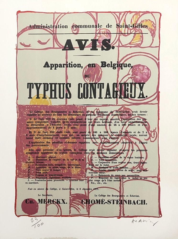 Lithographie Alechinsky - Alerte au typhus contagieux en Belgique