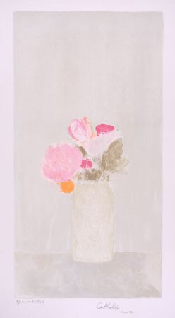 Lithographie Cathelin - Bouquet de roses au fond gris - Bouquet of roses on a grey background