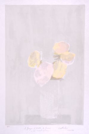 Lithographie Cathelin - Bouquet rose au fond gris - Pink bouquet on a grey background