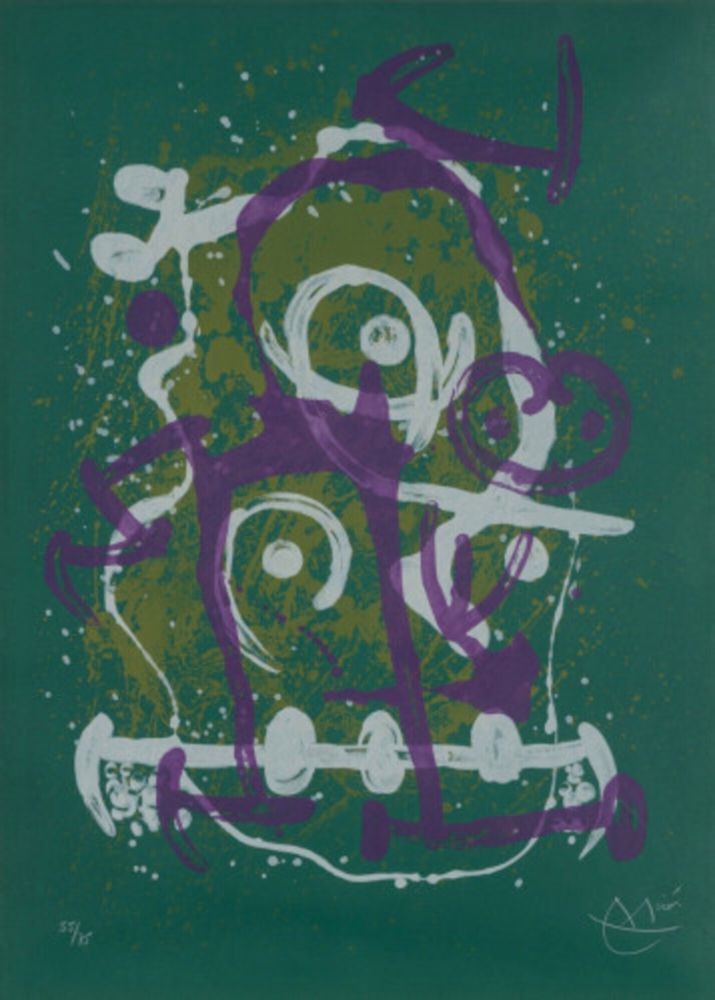 Lithographie Miró - Chevauchée - vert violet brun
