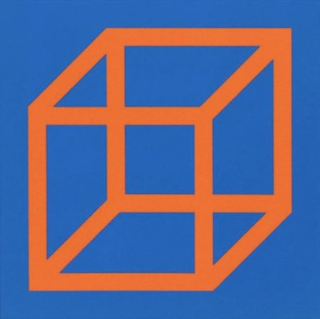 Linogravure Lewitt - Cubes in Color on Color (Blue/Orange)