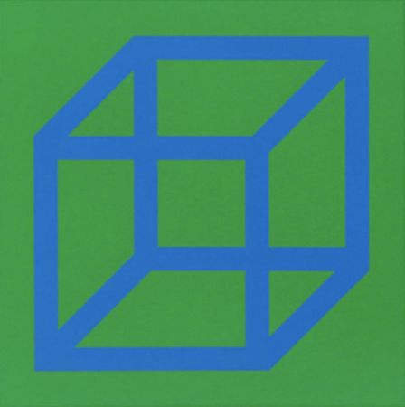 Linogravure Lewitt - Cubes in Color on Color (Green/Blue)