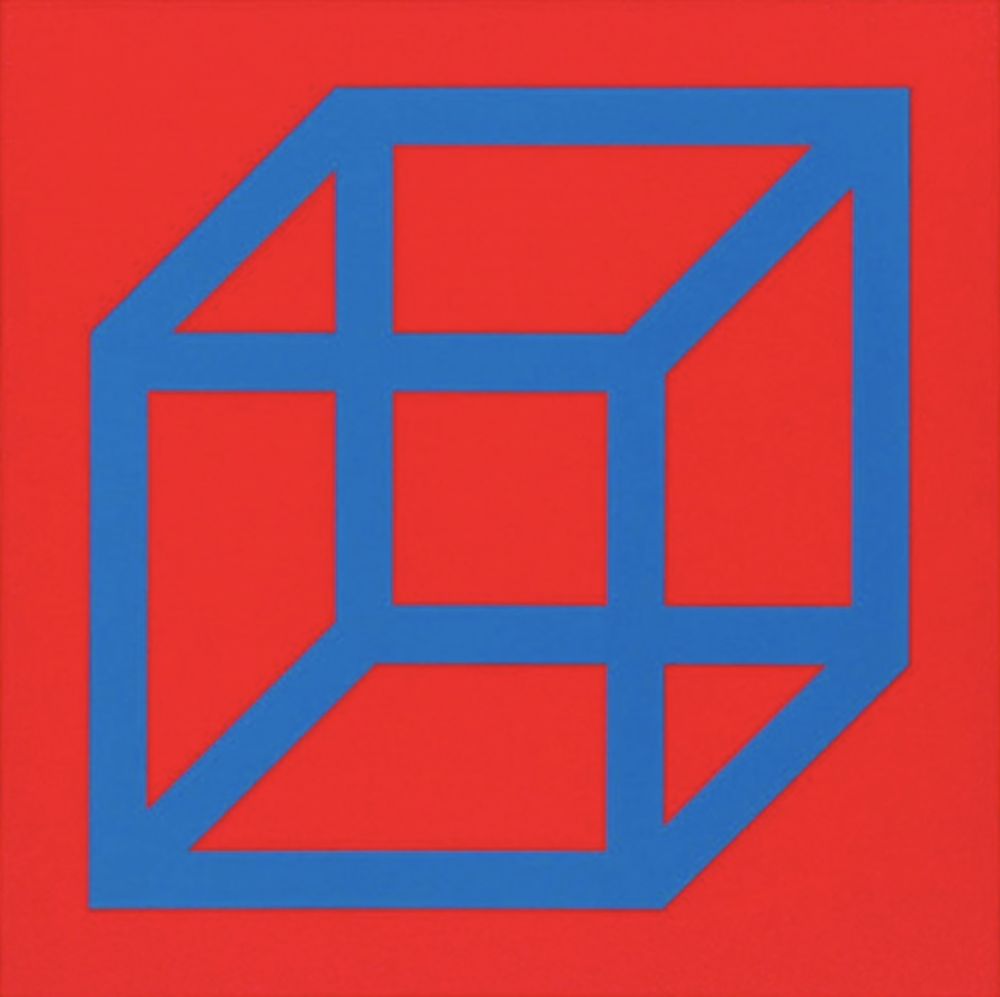 Linogravure Lewitt - Cubes in Color on Color (Red/Blue)