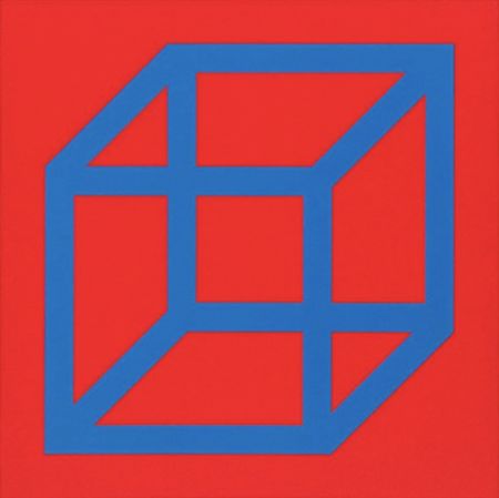 Linogravure Lewitt - Cubes in Color on Color (Red/Blue)