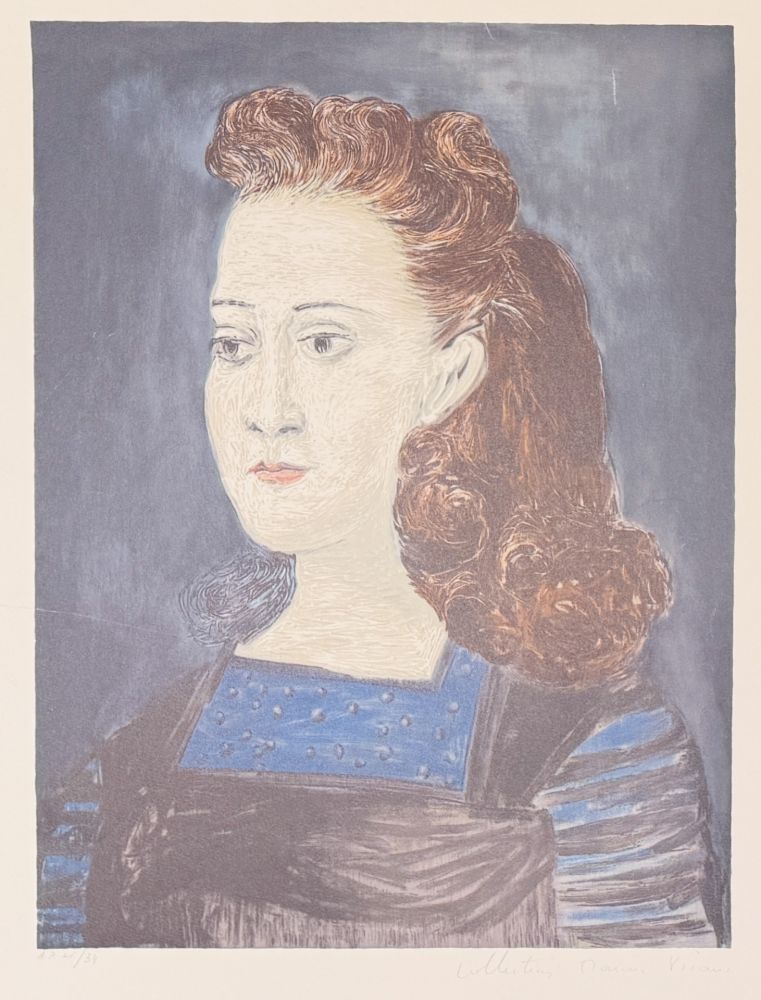 Lithographie Picasso - Femme à la collerette bleue