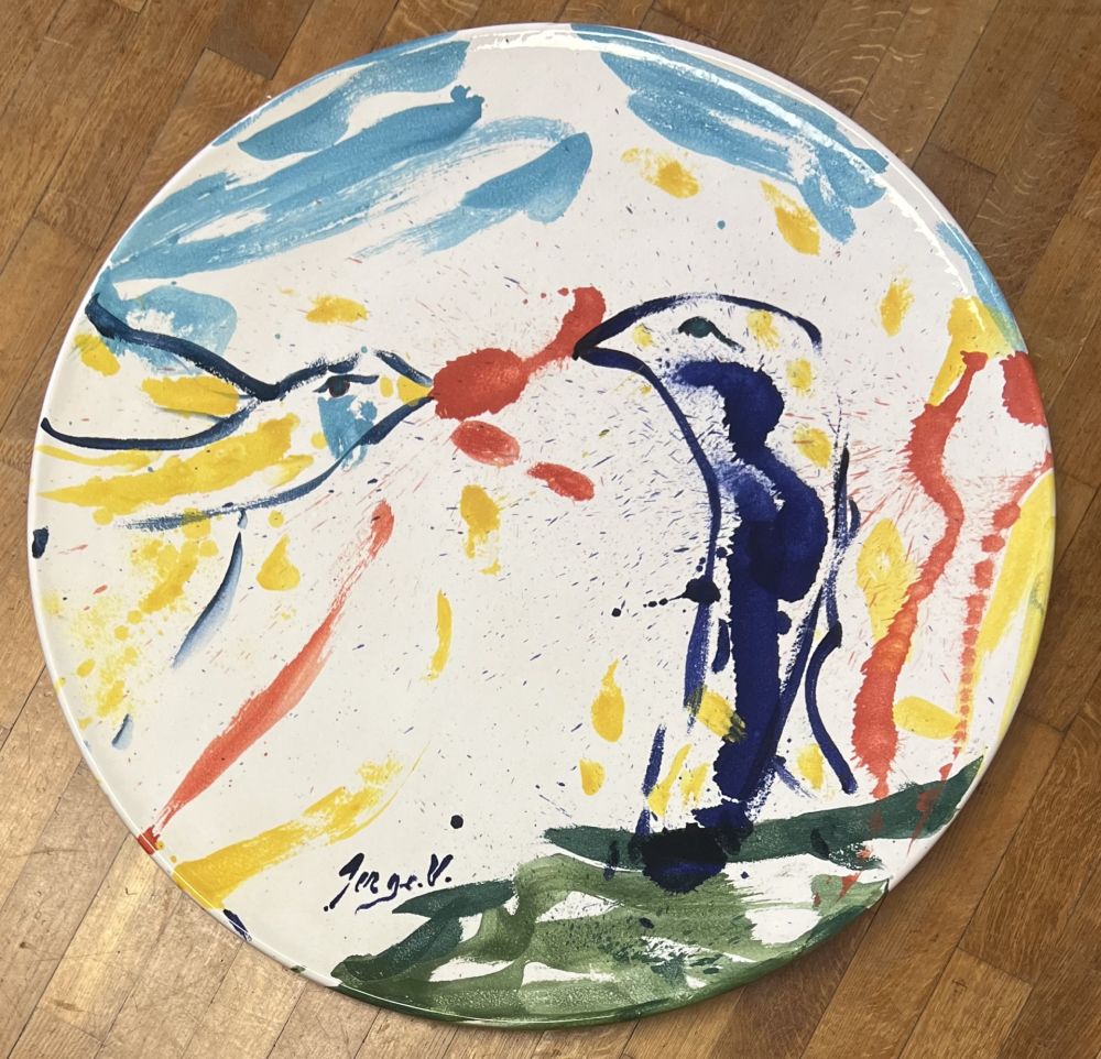 Céramique Vandercam - Grand plat en terre cuite vernissée Les oiseaux 84 cm San Giorgio Albisola