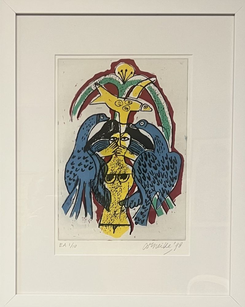 Gravure Corneille - Gravure encadrée, Femme et oiseaux, EA 1/10, 1998