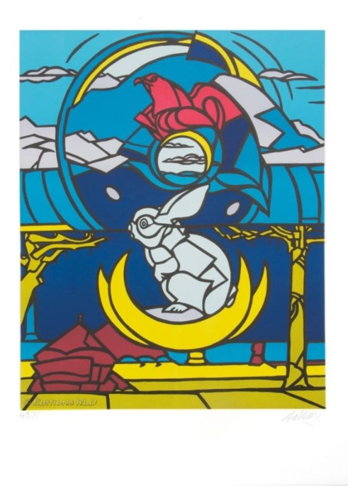 Lithographie Adami - Le lapin, l'aigle et la lune