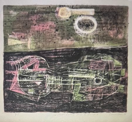 Lithographie Corneille -  Lithographie encadrée Chat couché dans le désert 1953