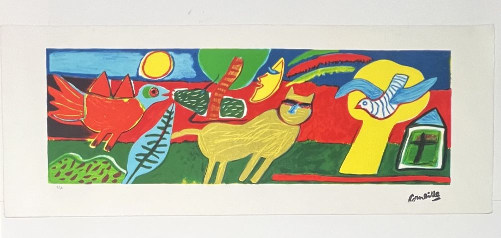 Lithographie Corneille - Lithographie L'été commençant, Le chat jaune, 2002. Exemplaire d'artiste