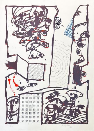 Lithographie Alechinsky - Pierre Alechinsky (1927) – Chutes et panaches, avec extraits de partitions labyrinthiques de Jean-Yves Bosseur – Lithograph on paper – 2001