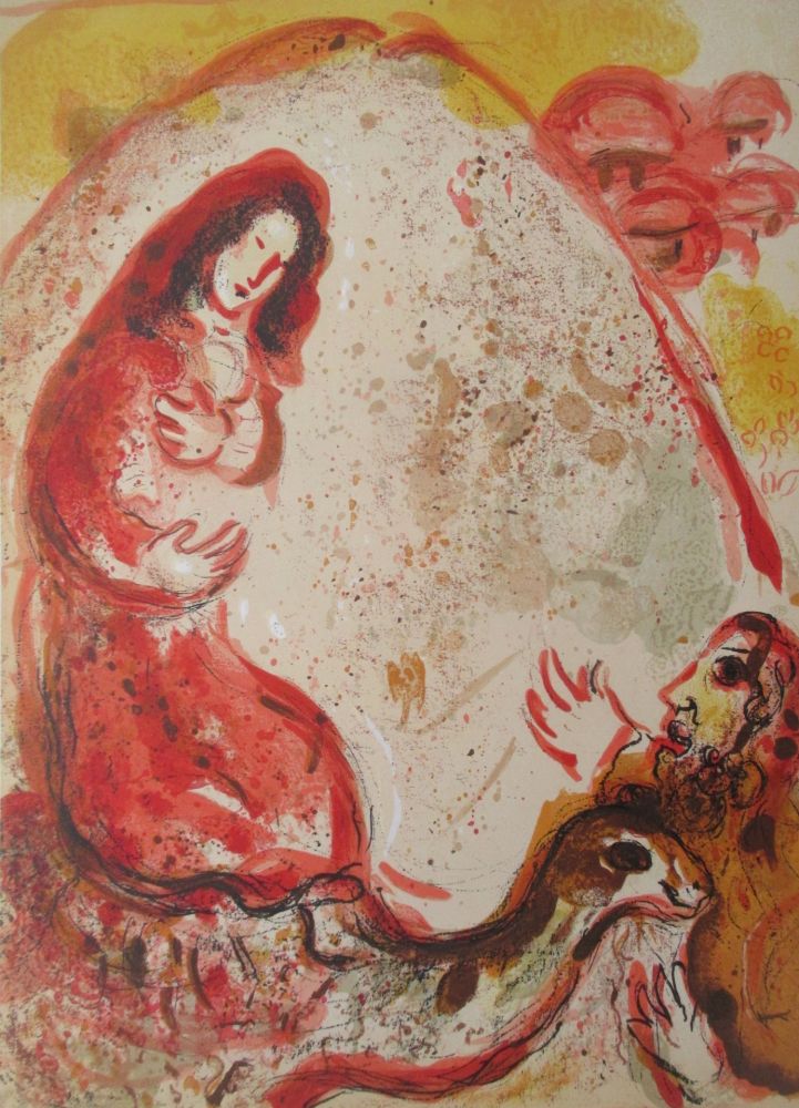 Lithographie Chagall - Rachel derobe les Idoles de son pere / Rachel  hides her father