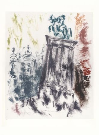 Lithographie Masson - Statue du Colleone le soir (Voyage à Venise)