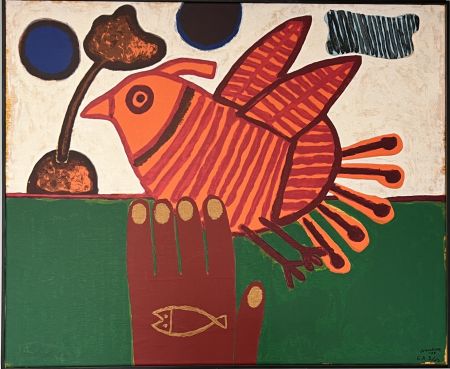 Sérigraphie Corneille - Sérigraphie sur toile signée, Oiseau Libre, EA, encadrée